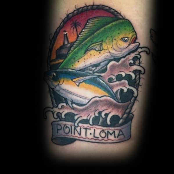 Colorful "Point Loma" tattoo featuring a tuna and mahi-mahi jumping through waves, with a lighthouse and palm trees in the background.