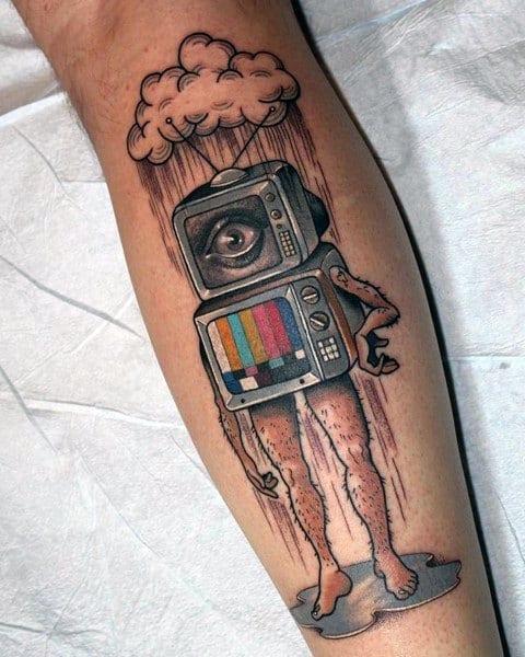 Surreal tattoo of a humanoid figure with a vintage TV for a torso, displaying a test pattern and a watching eye, standing under a raining cloud.