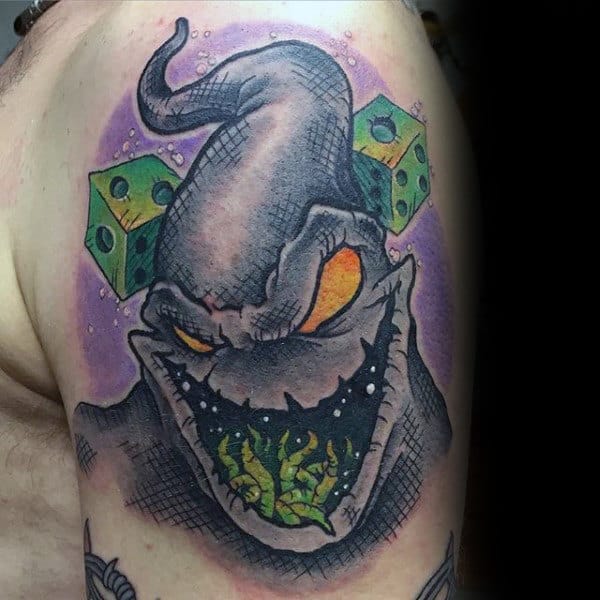 Man With Ugly Tongued Ghost And Cubes Halloween Tattoo On Arm