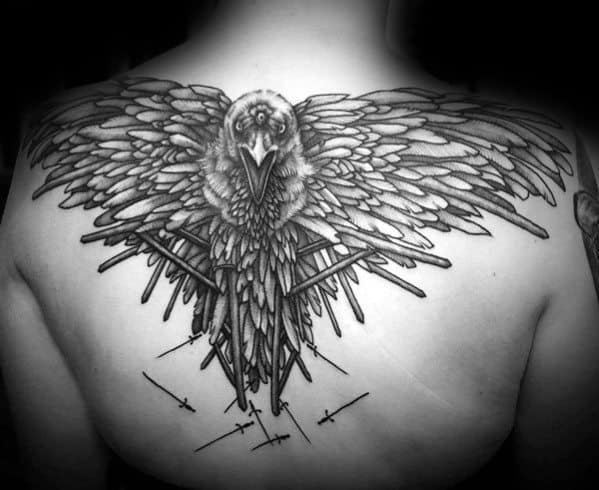 Man With Upper Back Swords Three Eyed Crow Game Of Thrones Tattoos