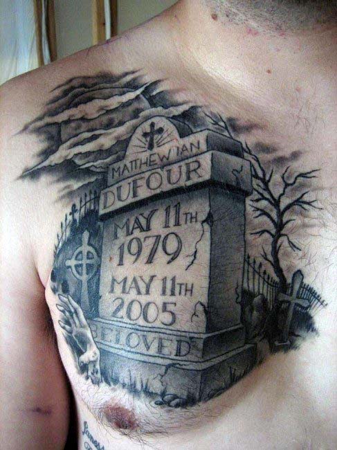 Man With Upper Chest Tombstone Grave Tattoos