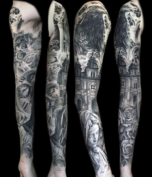 Man With Virgin Mary And Church Religious Full Sleeve Tattoo