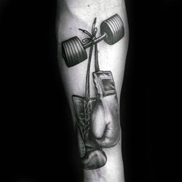 Man With Weights Boxing Gloves Inner Forearm Tattoo