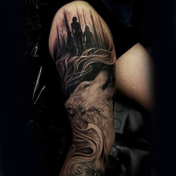 Man With Wolf Tree Sleeve Thigh And Leg Tattoos