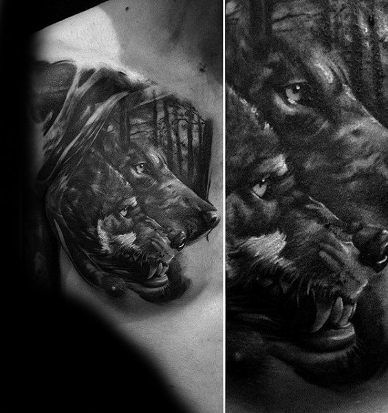 Man With Wolves In Forest Animal Chest Tattoo