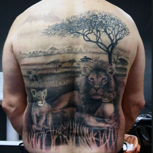 Man With Wonderful Family Of Lion And Cubs Tattoo Full Back