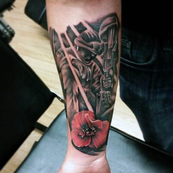 Man With World War I Solider Poppy Tattoo On Wrist