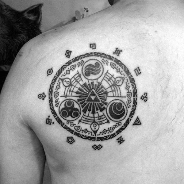 Man With Zelda Smybol Back Tatoo