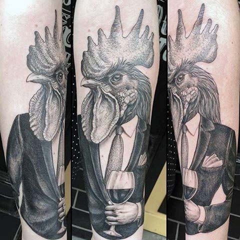 Man Withabstract Rooster In Formal Suit Tattoo On Leg