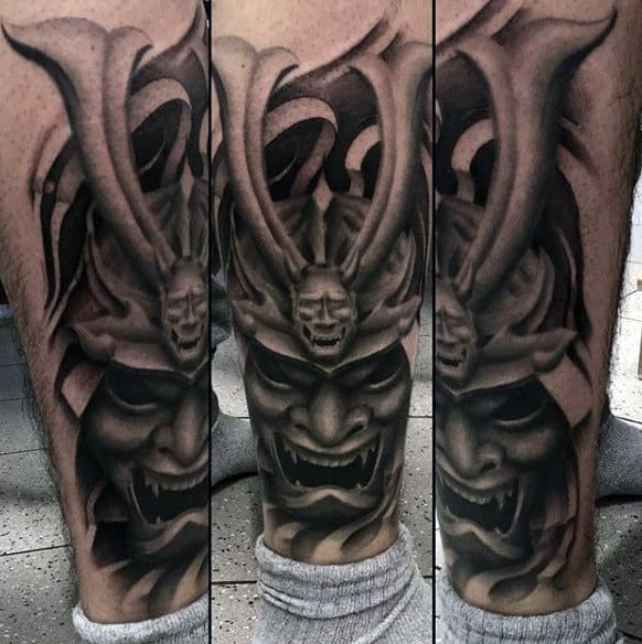 Man Withhorned Samurai Mask Shaded Calf Tattoo
