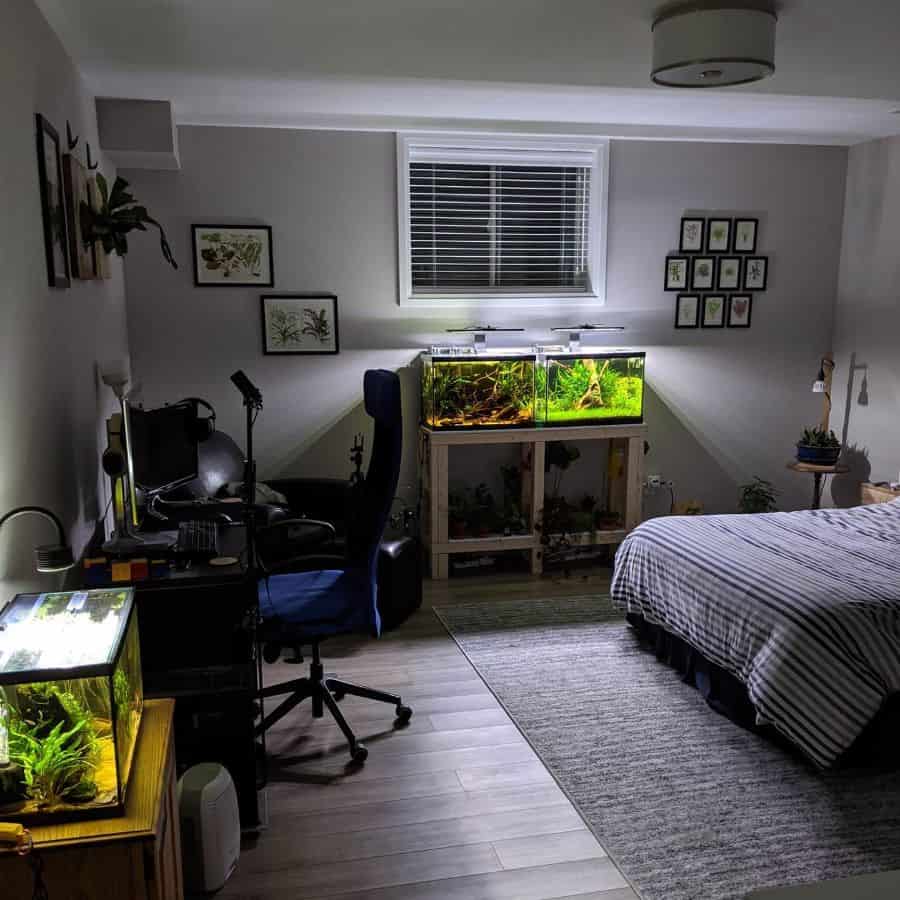 Man cave bedroom with multiple fish tanks, computer desk, and cozy decor.