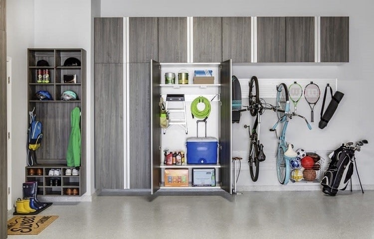 man cave garage storage system gold bag bikes tennis rackets