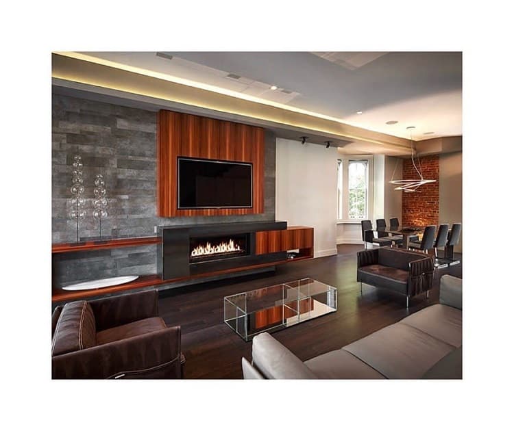 luxury living room dining table gray sofa electric fireplace wall mounted tv