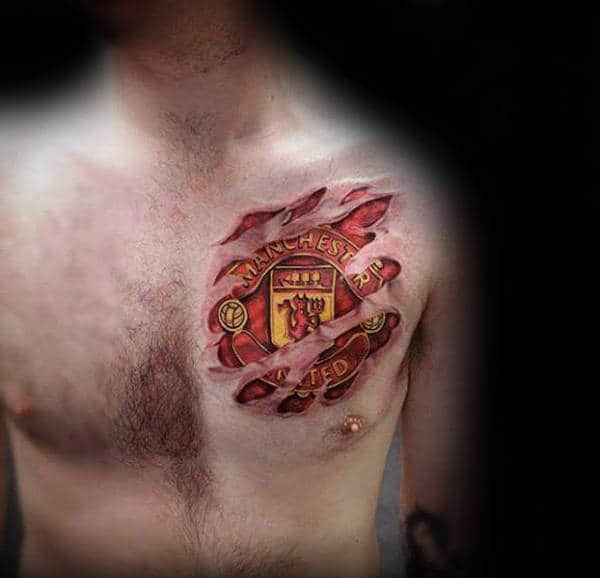 Manchester United Mens Soccer Logo Chest Tattoo With Torn Skin Design