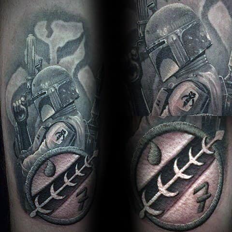 Black and gray Mandalorian tattoo featuring Boba Fett with blaster, clan symbol, and faint Mythosaur skull in the background.