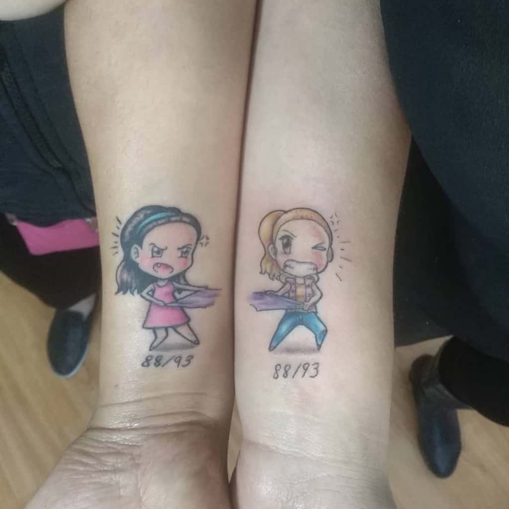 Matching sister tattoos featuring chibi-style characters playfully arguing over a piece of clothing, with birth years '88/93' underneath