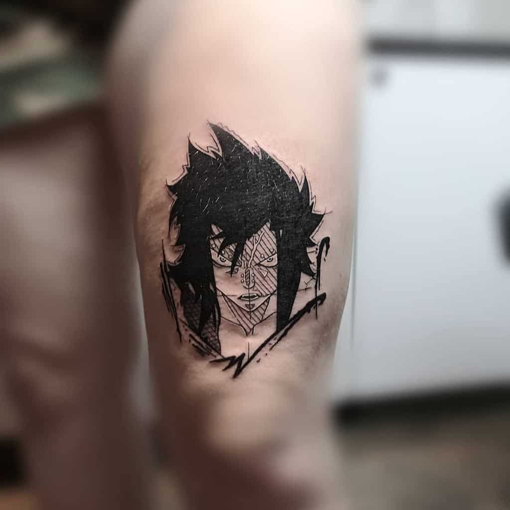Black ink tattoo of Madara Uchiha from Naruto with a bold, high-contrast design on the leg, featuring intense shading and dynamic lines.