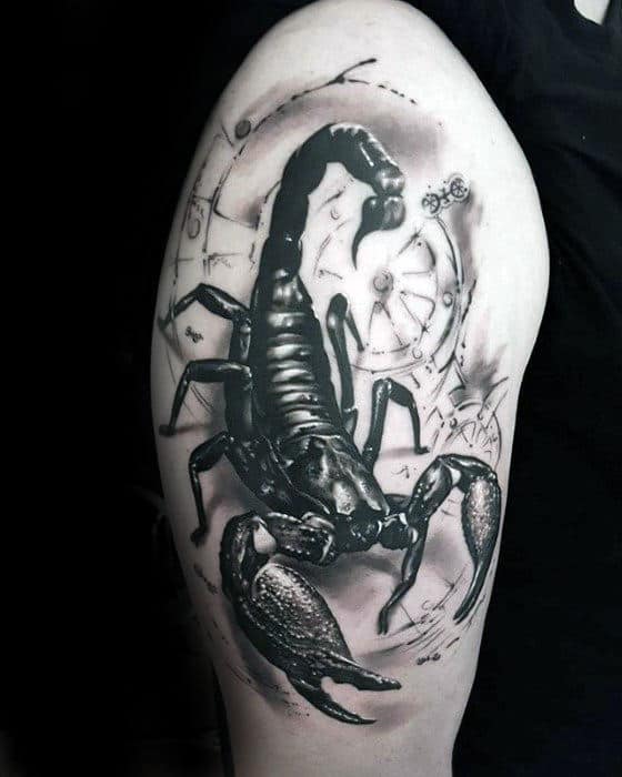 Tattoo of a large, detailed scorpion with a black and white clock design in the background on an upper arm