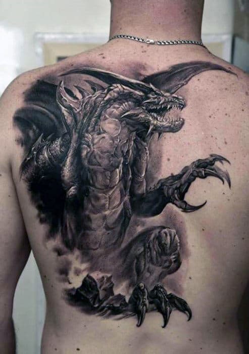 Manly 3d Shaded Black And Grey Realistic Dragon Back Tattoos For Men