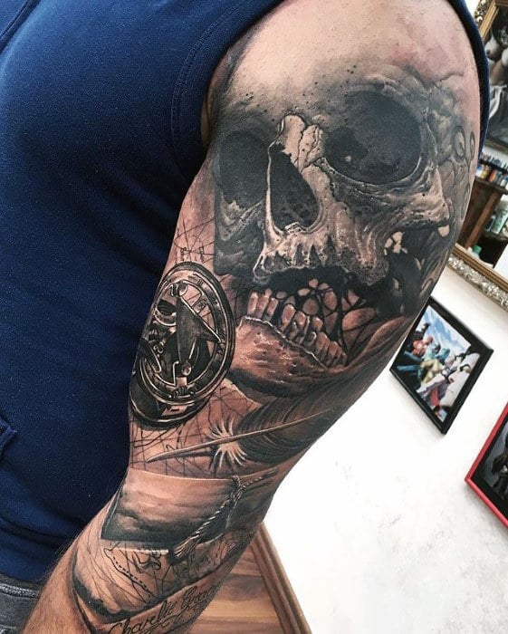 Manly 3d Sleeve Tattoo For Men With Skull And Map Design