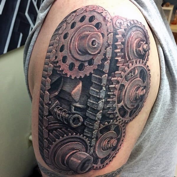 Manly 3d Tattoo Of Engine Gear Male Arms