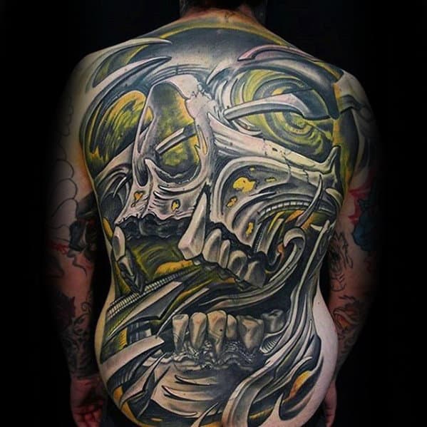 Manly 3d Yellow And Shaded Full Back Skull Tattoos For Men