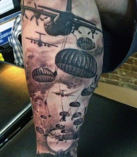Manly Airborne Mens Parachute War Themed Tattoos On Leg