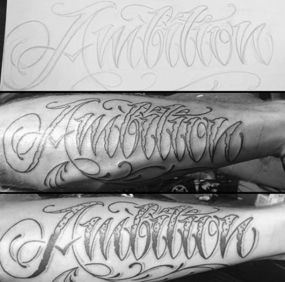 Inking "Ambition" in elegant cursive, the tattoo journey unfolds from sketch to completion on a forearm