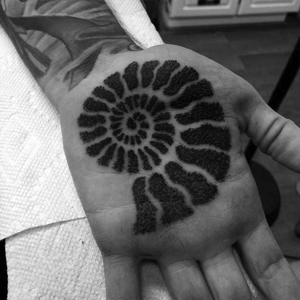 Manly Ammonite Fossil Blackwork Hand Tattoo Design Ideas For Men
