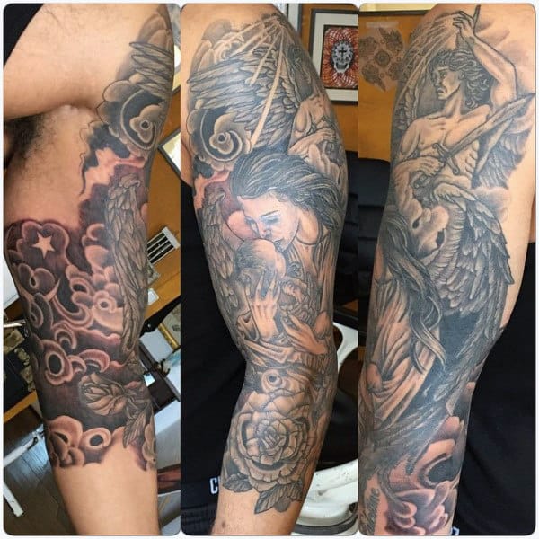 Three-paneled image showing detailed angel and rose-themed arm tattoos