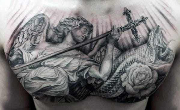 Manly Angel With Cross Guys Upper Chest 3d Tattoos