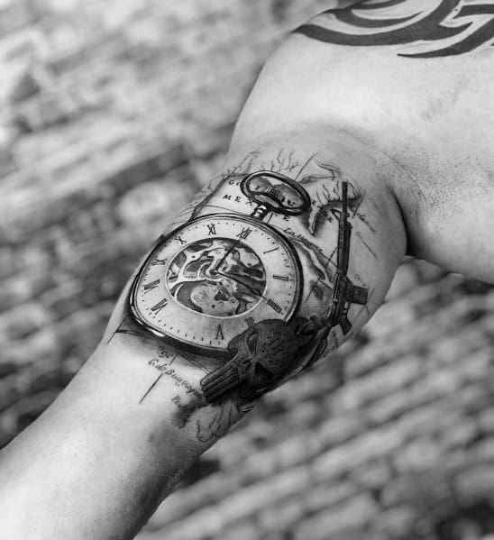 Realistic black and grey tattoo featuring a detailed pocket watch, an AR-15, and a skull, symbolizing time, mortality, and strength.