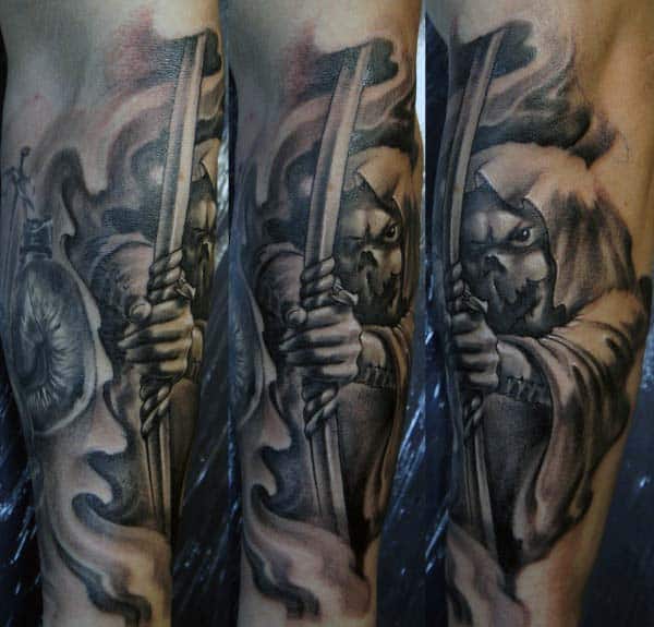 Manly Archery Tattoo For Guys On Forearm With Smoke Design Background