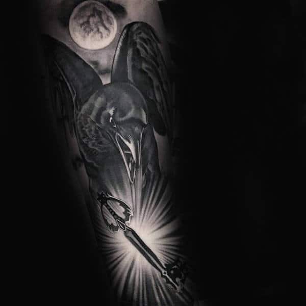 Manly Awesome Crow With Key Mens Forearm Sleeve Tattoos