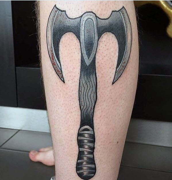 Manly Axe Tattoo Design Ideas For Men On Leg