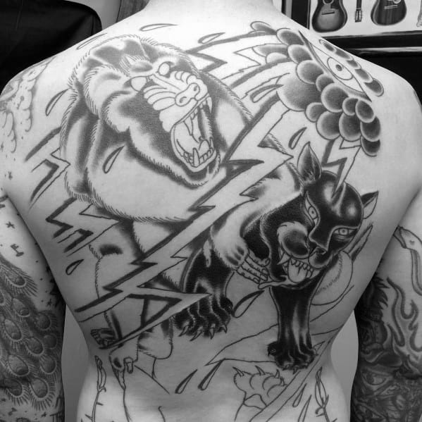 Black and grey Japanese-style back tattoo featuring a fierce baboon and panther, dynamic lightning bolts, and bold shading for a powerful design.