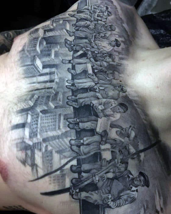 Manly Badass Men On A Steel Beam Above City Guys Chest Tattoo