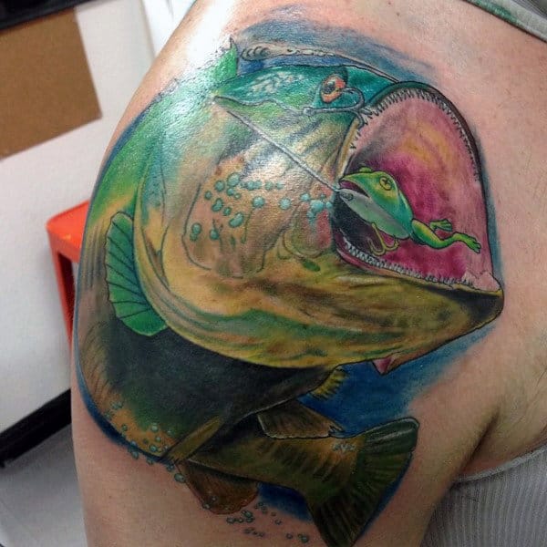 Manly Bass Fishing Shoulder Tattoo With Bright Colors