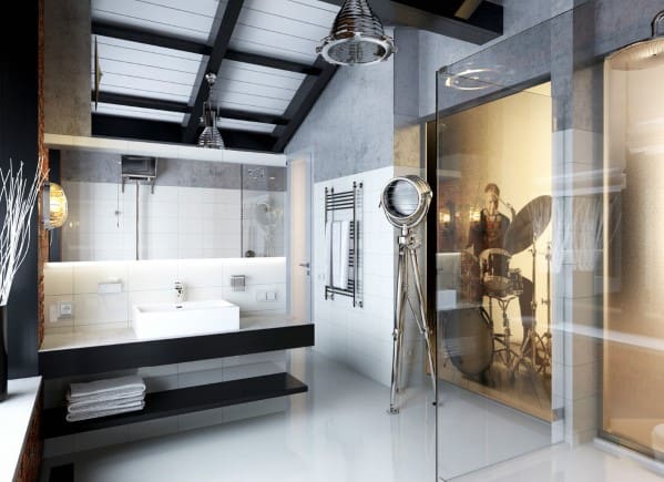 Modern bathroom with a drummer playing visible through a glass shower wall