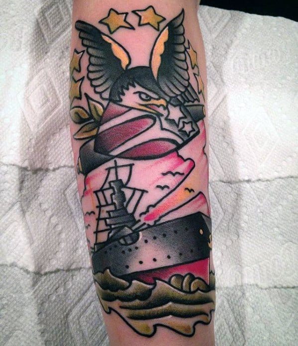 Eagle tattoo above a battleship, with stars and waves encircling it