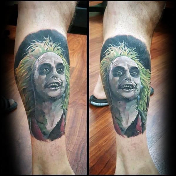 Manly Beetlejuice Leg Calf Tattoo Design Ideas For Men