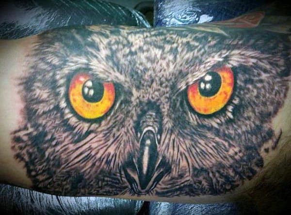 Hyper-realistic owl tattoo on the bicep, featuring intense orange eyes and intricate feather details for a striking and bold design