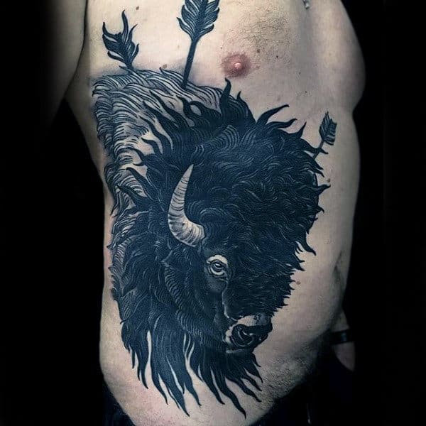 Manly Bison With Arrows Full Ribcage Tattoo