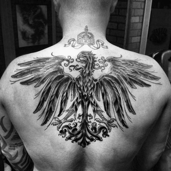 Manly Black And Grey Shaded German Eagle Upper Back Tattoos For Guys