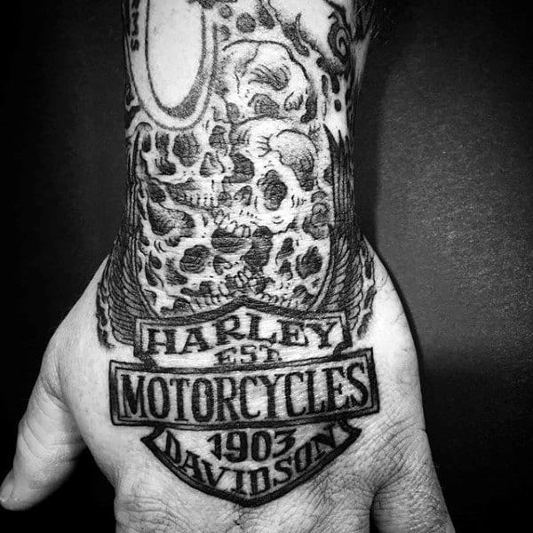 Manly Black Ink Harley Davidson Skull Tattoo Designs On Hand And Wrist For Men