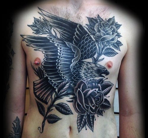 Manly Black Ink Rose Flower Eagle Traditional Mens Chest Tattoo