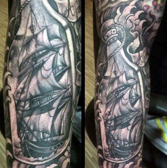 Manly Black Ink Shaded Ship In A Bottle Sleeve Mens Tattoo Ideas