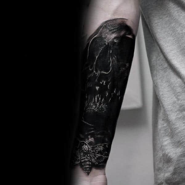 Manly Black Ink Skull With Moth Mens Forearm Sleeve Tattoos
