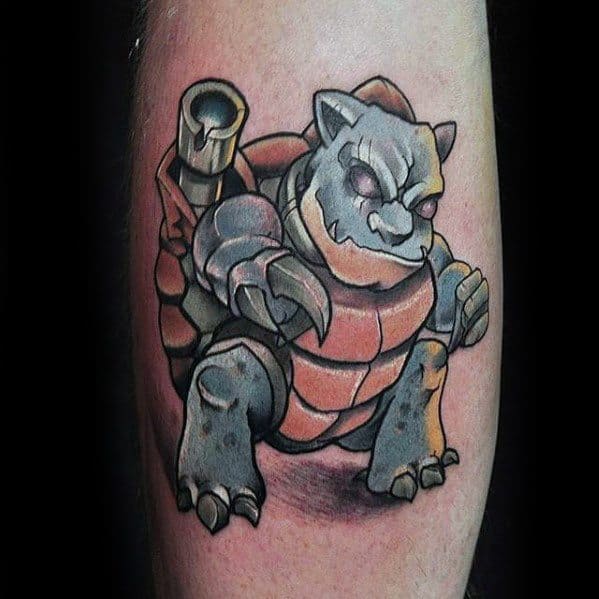 Stone-textured Blastoise tattoo with glowing eyes and rugged shading, giving it a fierce, statue-like appearance full of power.