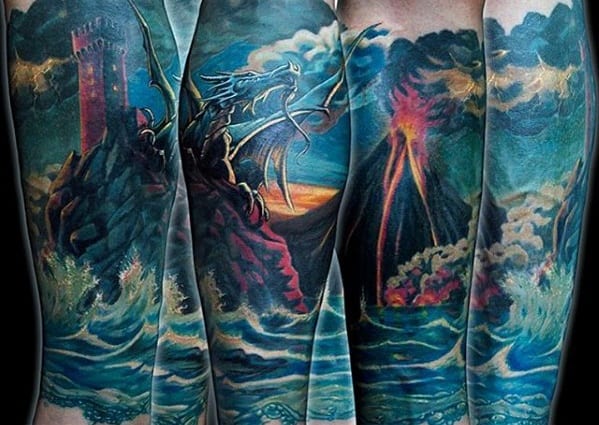 Manly Blue Ocean Waves With Volcano Leg Sleeve Tattoo Design Ideas For Men